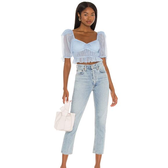 For Love & Lemons Sunshine Sheer Mesh Puff Sleeve Crop Top Light Blue NWOT Small - Picture 2 of 9